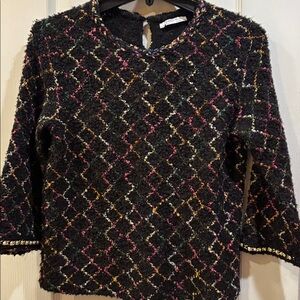 ZARA…BLACK SWEATER MULTI COLORED THREADING WITH ZIGZAG DESIGN DECORATIVE CUFF